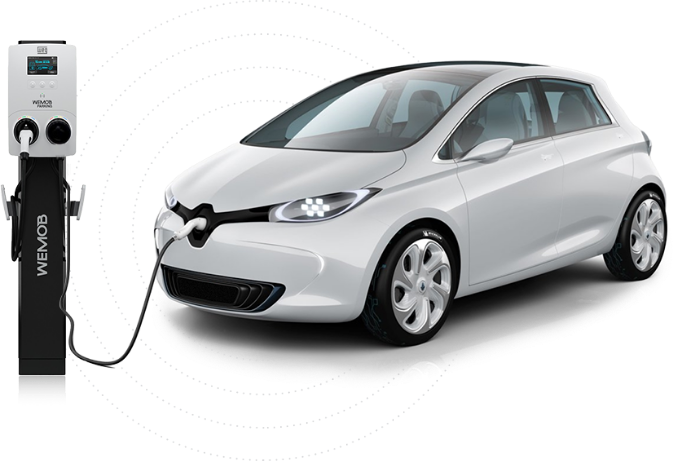 Totem de carregamento da marca Wemob carregando um carro elétrico